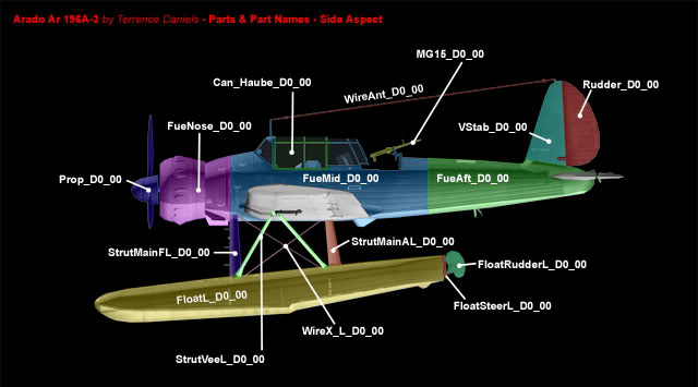 Пример наименования деталей модели для игры "Ил-2 Штурмовик: ЗС+". Вид сбоку